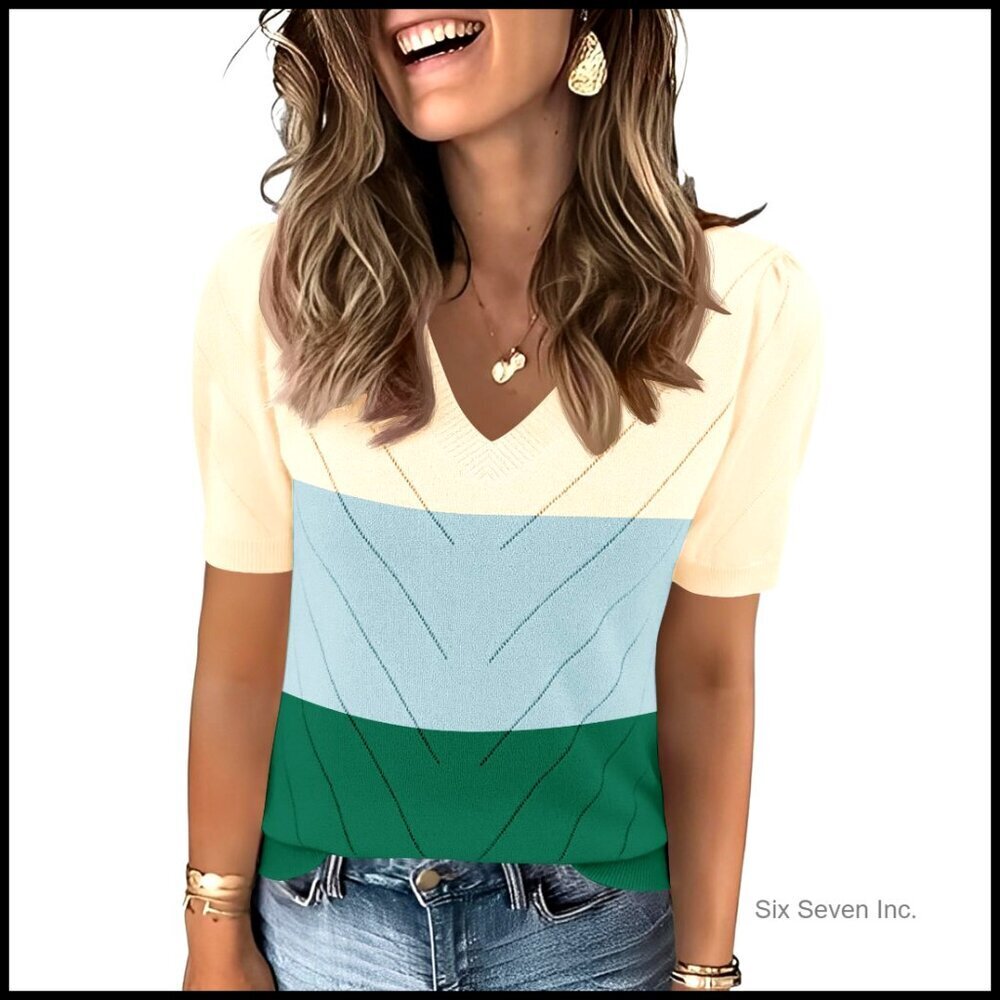 Puff Sleeve V-Neck Knit Sweater Lightweight Business Casual Chic Top